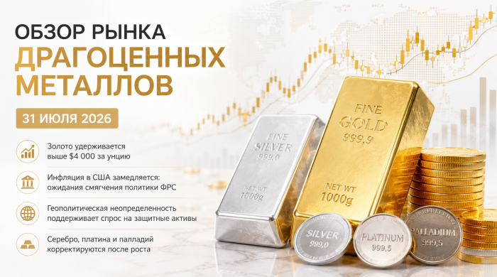 Обзор рынка драгоценных металлов на 31 июля: золото завершает месяц ростом, несмотря на коррекцию
