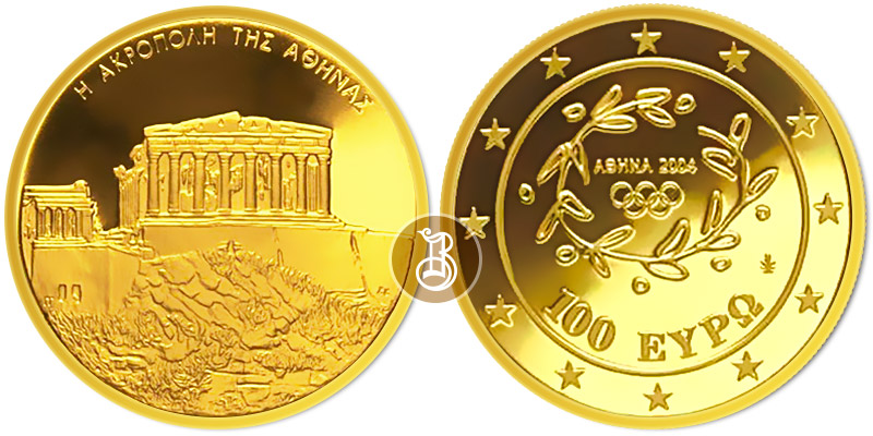 Афинский Акрополь, золото, 10 г., Греция, 2004