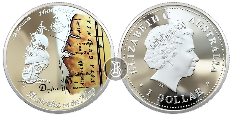 Австралия на карте, серебро (цветное), 1 oz, Австралия, 2006 