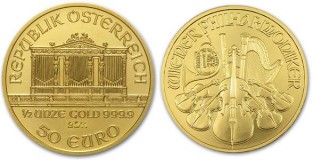 Золотая инвестиционная монета Филармоникер, золото, 1/2 oz, Австрия, 15,55 гр., (0,5 oz)