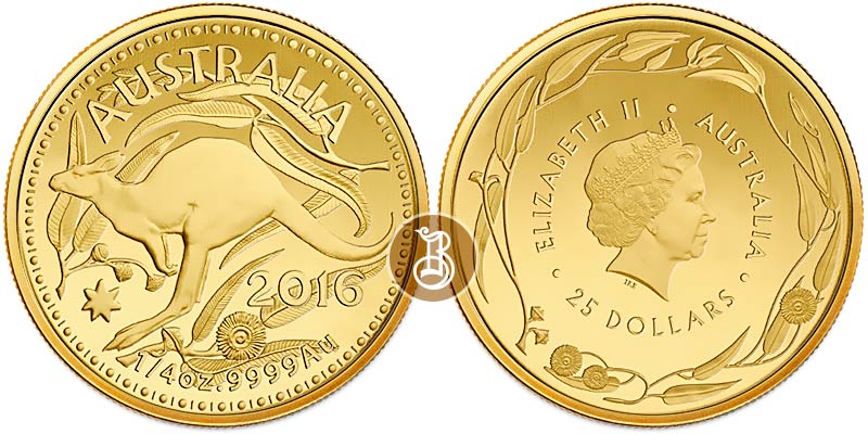 Кенгуру, золото, 1/4 oz, пруф, Австралия, 2016