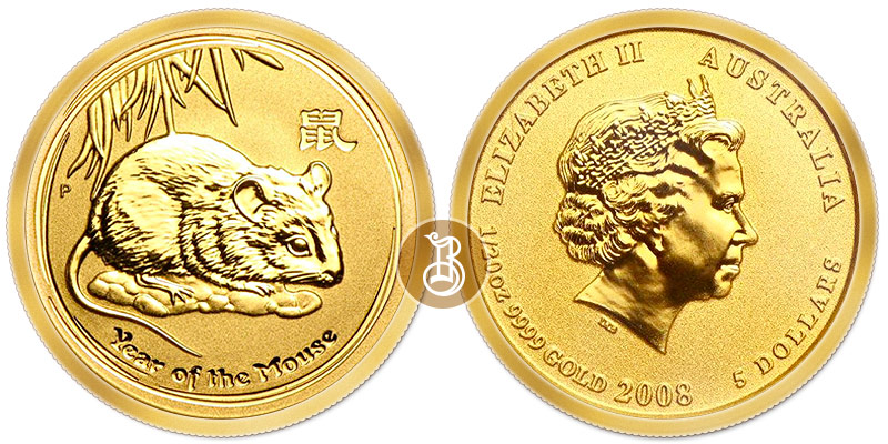 Крыса лунар, золото, 1/20 oz, Австралия, 2008