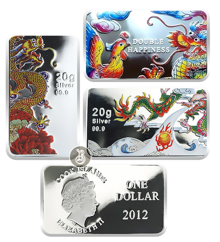 Дракон - НАБОР 3 шт., серебро (цветное), 20 г, о-ва Кука, 2008 