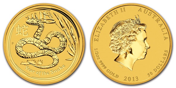 Змея лунар, золото, 1/2 oz, Австралия, 2013