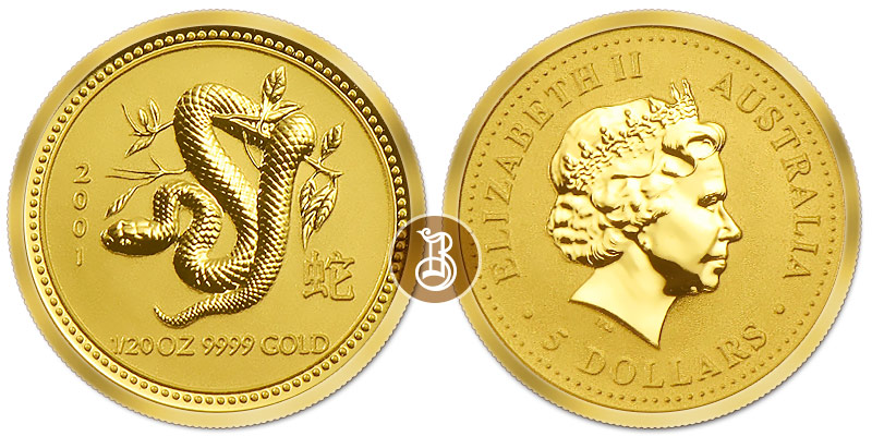 Змея лунар, золото, 1/20 oz, Австралия, 2001