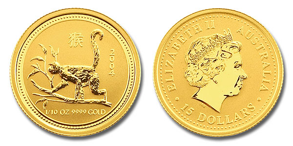 Обезьяна лунар, золото, 1/10 oz, Австралия, 2004