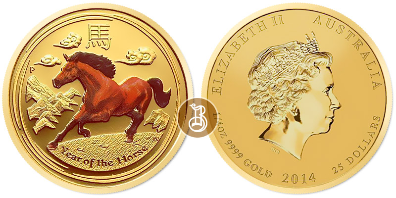 Лошадь лунар (цветное), золото, 1/4 oz, Австралия, 2014