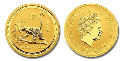Обезьяна лунар, золото, 1/2 oz, Австралия, 2004