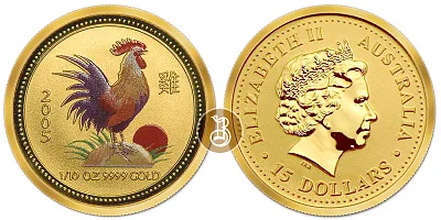 Петух лунар, золото (цветной), 1/10 oz, Австралия, 2005