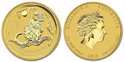 Обезьяна, золото, 2 oz,  Австралия, 2016