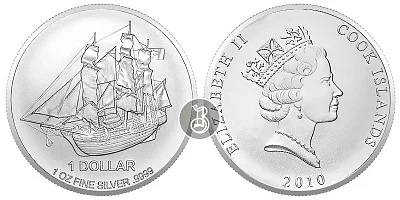Корабль - парусник, серебро, 1 oz, о-ва Кука