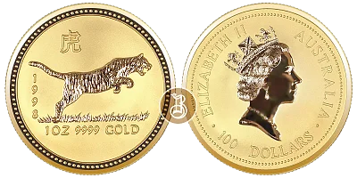 Тигр лунар, золото, 1 oz, Австралия, 1998