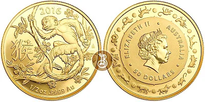 Обезьяна лунар, золото, 1/2 oz, пруф, Австралия, 2016