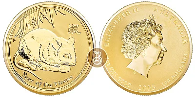 Крыса лунар, золото, 1 oz, Австралия, 2008