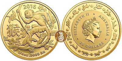 Обезьяна лунар, золото, 1/4 oz, пруф Австралия, 2016