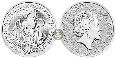 Серебряная инвестиционная монета Единорог, серебро, 2 oz, Великобритания, 2018, 62,2 гр., (2 oz)