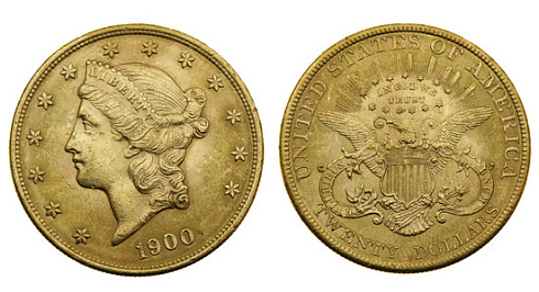 Монета 20 американских долларов (голова свободы)