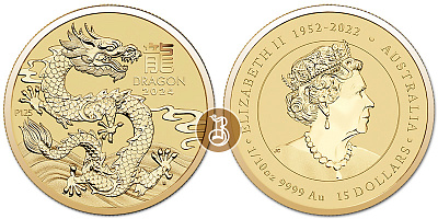 Монета Австралийский Лунар. Год Дракона. 1/10 унции.