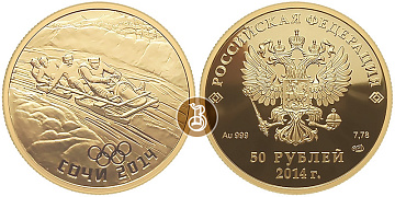 Золотая памятная (коллекционная) монета Бобслей, Сочи 2014, Олимпиада, золото, 50 рублей, Россия, 2014, 7,78 гр., (0,25 oz)