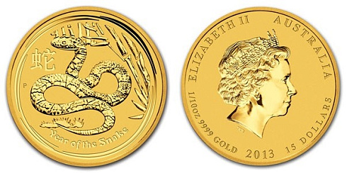 Монета Австралийский Лунар. Год Змеи. 1/10 унции