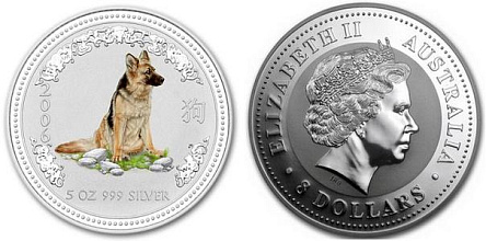 Монета Австралийский лунар. Год собаки. 5 унций