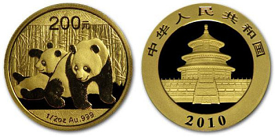 Золотая инвестиционная монета Панда китайская, золото, 1/2 oz, Китай, 15,55 гр., (0,5 oz)