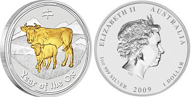 Монета Лунар год быка. 1 унция