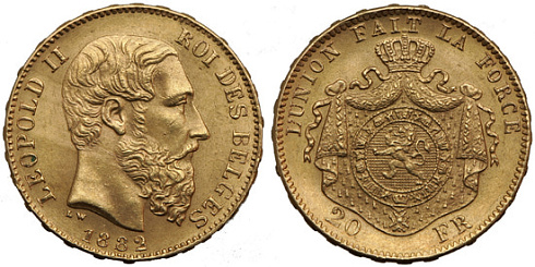 Монета Леопольд II. 20 франков
