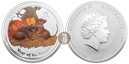 Монета Лунар Год Крысы (цветная). 1 унция