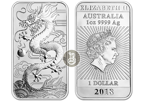 Серебряная инвестиционная монета Дракон (прямоугольный), серебро, 1 oz, Австралия, 2018/2019, 31,1 гр., (1 oz)