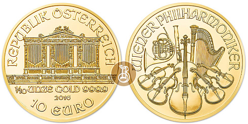 Золотая инвестиционная монета Филармоникер, золото, 1/10 oz, Австрия, 3,11 гр., (0,1 oz)