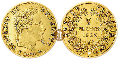 Монета 5 франков. Наполеон III (в венке)
