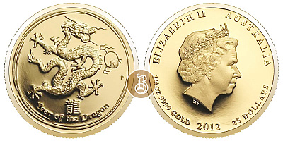 Дракон лунар, золото, 1/4 oz, Австралия, 2012