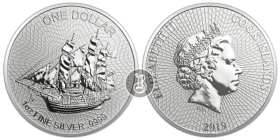 Корабль - парусник, серебро, 1 oz, о-ва Кука 2019
