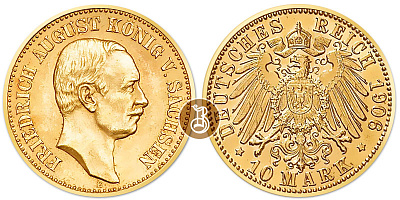 Монета 10 марок. Король Саксонии Фридрих Август III