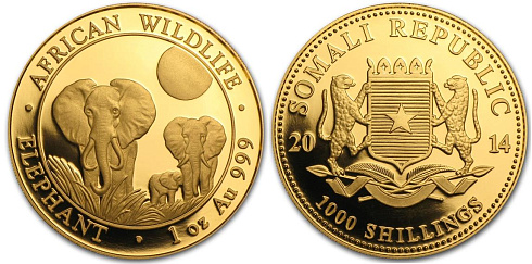 Золотая инвестиционная монета Слон, золото, 1 oz, Сомали, 31,104 гр., (1 oz)