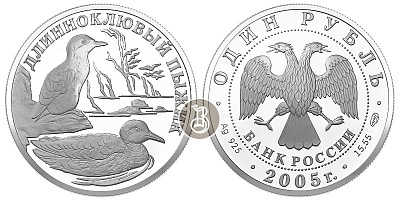 Длиноклювый пыжик, серебро, 1 рубль, Россия, 2005 г.