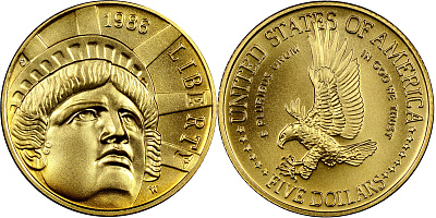 Монета 200 лет Статуе Свободы. 5 долларов
