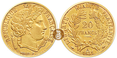 Монета 20 франков. Голова свободы (Церера)  1849-1851