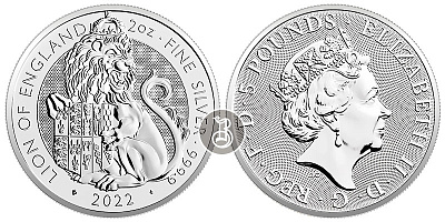 Лев, серебро, 2 oz, Великобритания, 2022