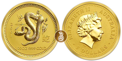 Монета Австралийский Лунар. Год Змеи. 1/20 унции