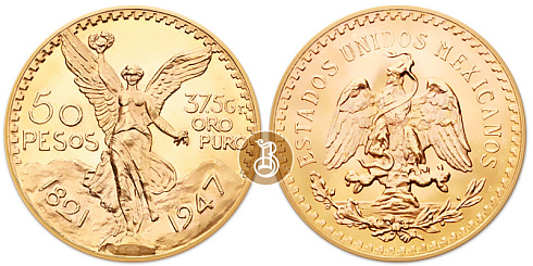 Золотая инвестиционная монета Мексиканский песо - 50 песо (1,2 oz), золото, Мексика, 37,47 гр., (1,205 oz)