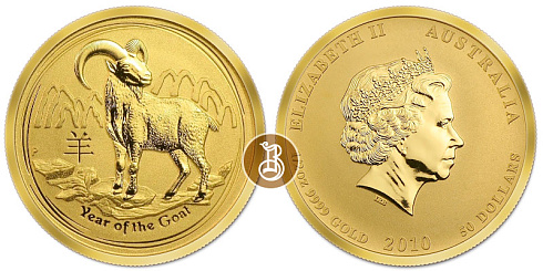 Золотая монета Коза лунар, золото, 1/2 oz, Австралия, 2015, 15,55 гр., (0,5 oz)