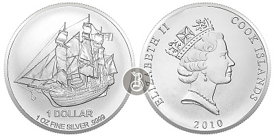 Корабль - парусник, серебро, 1 oz, о-ва Кука