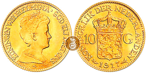 Монета 10 гульденов. Королева Вильгельмина