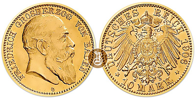 Монета 10 марок.Фридрих великий герцог Баденский