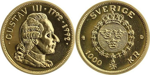 Монета 1000 крон. Густав III