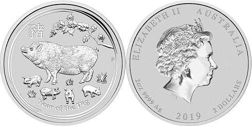 Серебряная памятная (коллекционная) монета Свинья, серебро, 2 oz, Австралия, 2019, 62,2 гр., (2 oz)