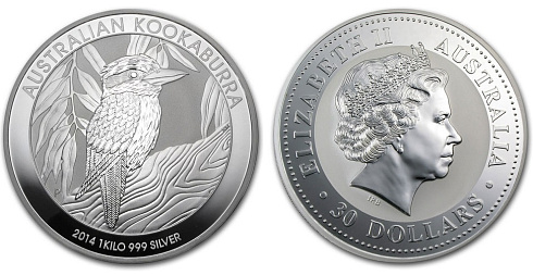 Серебряная инвестиционная монета Кукабарра, серебро, 1 кг, Австралия, 1000 гр., (32,154 oz)