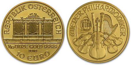 Золотая инвестиционная монета Филармоникер, золото, 1/10 oz, Австрия, 3,11 гр., (0,1 oz)